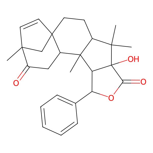 2D Structure of (1R,4S,6R,9S,10R,11S,12R,15S)-6-hydroxy-5,5,11,15-tetramethyl-9-phenyl-8-oxapentacyclo[13.2.1.01,12.04,11.06,10]octadec-16-ene-7,14-dione