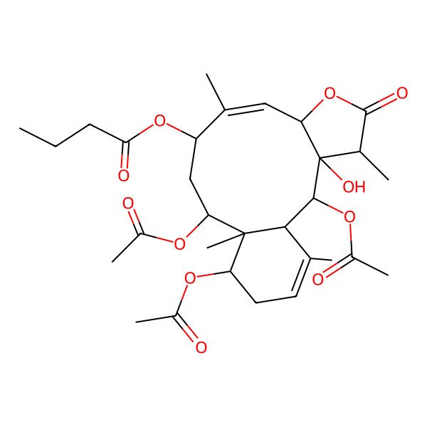 2D Structure of [(1S,2R,3S,4R,7S,8Z,10R,12R,13R,14S)-2,12,14-triacetyloxy-3-hydroxy-4,9,13,17-tetramethyl-5-oxo-6-oxatricyclo[11.4.0.03,7]heptadeca-8,16-dien-10-yl] butanoate