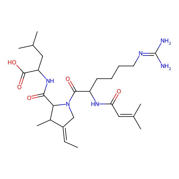 2D Structure of 2-[[1-[6-(Diaminomethylideneamino)-2-(3-methylbut-2-enoylamino)hexanoyl]-4-ethylidene-3-methylpyrrolidine-2-carbonyl]amino]-4-methylpentanoic acid