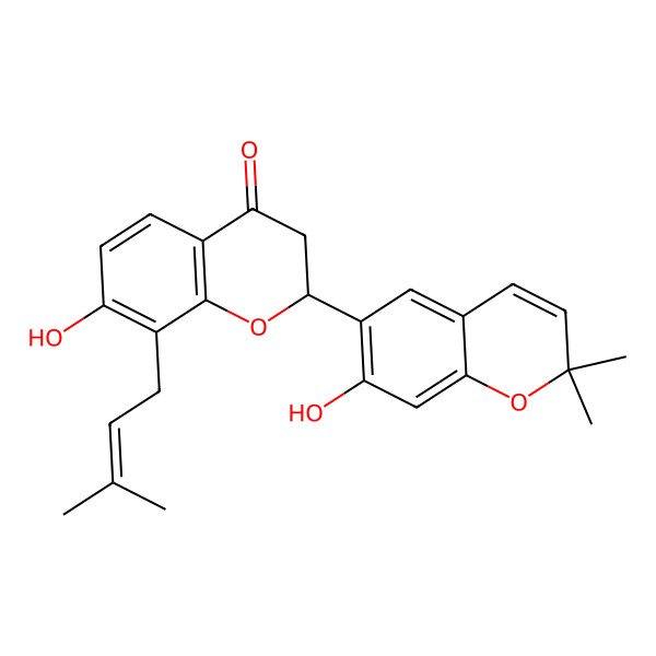 2D Structure of (2S)-7-hydroxy-2-(7-hydroxy-2,2-dimethylchromen-6-yl)-8-(3-methylbut-2-enyl)-2,3-dihydrochromen-4-one