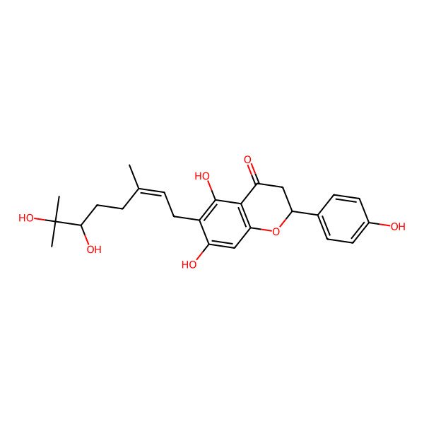 2D Structure of (2S)-6-[(E)-6,7-dihydroxy-3,7-dimethyloct-2-enyl]-5,7-dihydroxy-2-(4-hydroxyphenyl)-2,3-dihydrochromen-4-one