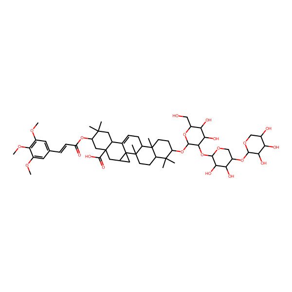 2D Structure of 7-[3-[3,4-Dihydroxy-5-(3,4,5-trihydroxyoxan-2-yl)oxyoxan-2-yl]oxy-4,5-dihydroxy-6-(hydroxymethyl)oxan-2-yl]oxy-2,6,6,10,17,17-hexamethyl-18-[3-(3,4,5-trimethoxyphenyl)prop-2-enoyloxy]hexacyclo[12.9.0.01,22.02,11.05,10.015,20]tricos-13-ene-20-carboxylic acid