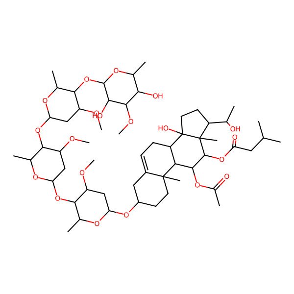 2D Structure of [11-Acetyloxy-3-[5-[5-[5-(3,5-dihydroxy-4-methoxy-6-methyloxan-2-yl)oxy-4-methoxy-6-methyloxan-2-yl]oxy-4-methoxy-6-methyloxan-2-yl]oxy-4-methoxy-6-methyloxan-2-yl]oxy-14-hydroxy-17-(1-hydroxyethyl)-10,13-dimethyl-1,2,3,4,7,8,9,11,12,15,16,17-dodecahydrocyclopenta[a]phenanthren-12-yl] 3-methylbutanoate