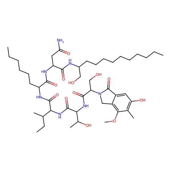 2D Structure of N-(1-hydroxydodecan-2-yl)-2-[2-[[2-[[3-hydroxy-2-[[3-hydroxy-2-(5-hydroxy-7-methoxy-6-methyl-3-oxo-1H-isoindol-2-yl)propanoyl]amino]butanoyl]amino]-3-methylpentanoyl]amino]octanoylamino]butanediamide