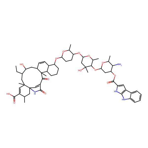 2D Structure of 15-[5-[5-[5-Amino-4-(3,4-dihydropyrrolo[2,3-b]indole-2-carbonyloxy)-6-methyloxan-2-yl]oxy-4-hydroxy-4,6-dimethyloxan-2-yl]oxy-6-methyloxan-2-yl]oxy-8-ethyl-9-hydroxy-3,6,20-trimethyl-21,23-dioxo-24-azapentacyclo[20.2.1.01,6.011,20.014,19]pentacosa-4,12,22(25)-triene-4-carboxylic acid
