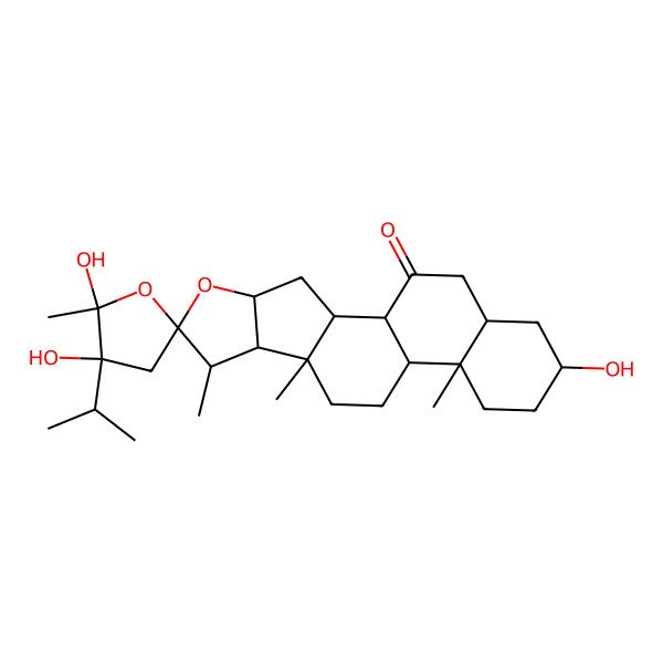 2D Structure of (1R,2S,2'R,3'S,4S,6S,7S,8R,9S,12S,13S,16S,18R)-2',3',16-trihydroxy-2',7,9,13-tetramethyl-3'-propan-2-ylspiro[5-oxapentacyclo[10.8.0.02,9.04,8.013,18]icosane-6,5'-oxolane]-20-one