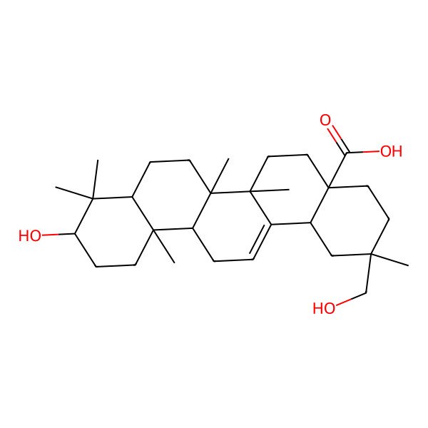 2D Structure of 10-Hydroxy-2-(hydroxymethyl)-2,6a,6b,9,9,12a-hexamethyl-1,3,4,5,6,6a,7,8,8a,10,11,12,13,14b-tetradecahydropicene-4a-carboxylic acid