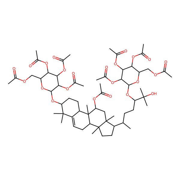 2D Structure of [(2S,3S,4R,5R,6S)-3,4,5-triacetyloxy-6-[[(3S,8R,9S,10S,11R,13R,14R,17R)-11-acetyloxy-17-[(2S,5R)-6-hydroxy-6-methyl-5-[(2R,3S,4S,5R,6R)-3,4,5-triacetyloxy-6-(acetyloxymethyl)oxan-2-yl]oxyheptan-2-yl]-4,4,9,13,14-pentamethyl-2,3,7,8,10,11,12,15,16,17-decahydro-1H-cyclopenta[a]phenanthren-3-yl]oxy]oxan-2-yl]methyl acetate