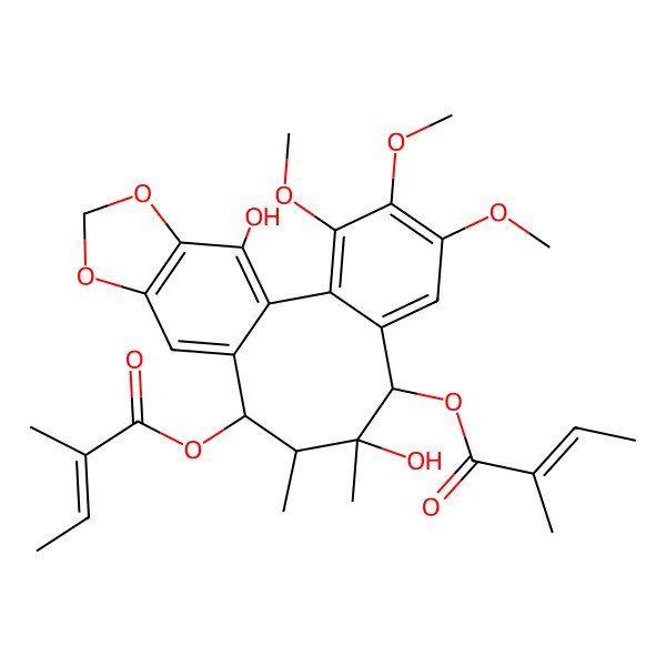 2D Structure of [9,19-Dihydroxy-3,4,5-trimethoxy-9,10-dimethyl-8-(2-methylbut-2-enoyloxy)-15,17-dioxatetracyclo[10.7.0.02,7.014,18]nonadeca-1(19),2,4,6,12,14(18)-hexaen-11-yl] 2-methylbut-2-enoate