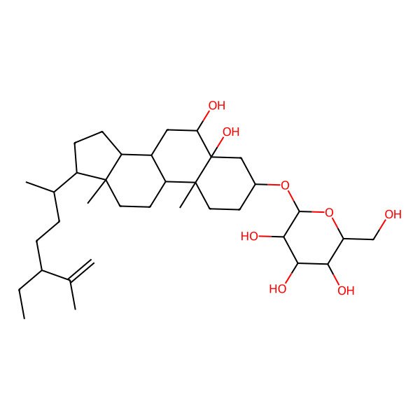 2D Structure of 2-[[17-(5-Ethyl-6-methylhept-6-en-2-yl)-5,6-dihydroxy-10,13-dimethyl-1,2,3,4,6,7,8,9,11,12,14,15,16,17-tetradecahydrocyclopenta[a]phenanthren-3-yl]oxy]-6-(hydroxymethyl)oxane-3,4,5-triol
