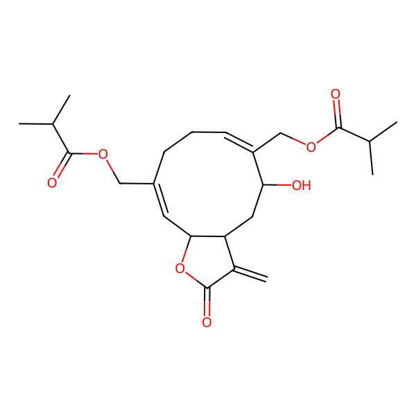 2D Structure of [(3aS,5S,6E,10Z,11aR)-5-hydroxy-3-methylidene-6-(2-methylpropanoyloxymethyl)-2-oxo-3a,4,5,8,9,11a-hexahydrocyclodeca[b]furan-10-yl]methyl 2-methylpropanoate
