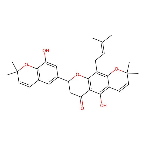 2D Structure of (8S)-5-hydroxy-8-(8-hydroxy-2,2-dimethylchromen-6-yl)-2,2-dimethyl-10-(3-methylbut-2-enyl)-7,8-dihydropyrano[3,2-g]chromen-6-one