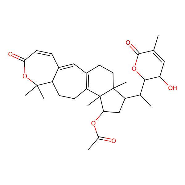 2D Structure of (1R,3R,3aR,11aR,13bR)-3-{1-[(2R,3S)-3-Hydroxy-5-methyl-6-oxo-3,6-dihydro-2H-pyran-2-yl]ethyl}-3a,11,11,13b-tetramethyl-9-oxo-1,2,3,3a,4,5,9,11,11a,12,13,13b-dodecahydroindeno[5',4':4,5]cyclohepta[1,2-c]oxepin-1-yl acetate