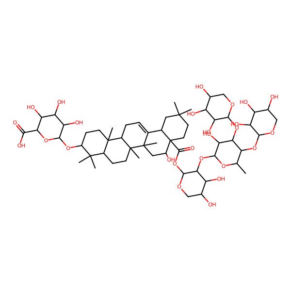 2D Structure of (2S,3S,4S,5R,6R)-6-[[(3S,4aR,6aR,6bS,8R,8aR,12aS,14aR,14bR)-8a-[(2S,3R,4S,5S)-4,5-dihydroxy-3-[(2S,3R,4S,5S,6S)-3-hydroxy-6-methyl-4,5-bis[[(2S,3R,4S,5R)-3,4,5-trihydroxyoxan-2-yl]oxy]oxan-2-yl]oxyoxan-2-yl]oxycarbonyl-8-hydroxy-4,4,6a,6b,11,11,14b-heptamethyl-1,2,3,4a,5,6,7,8,9,10,12,12a,14,14a-tetradecahydropicen-3-yl]oxy]-3,4,5-trihydroxyoxane-2-carboxylic acid