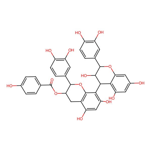2D Structure of [(2R,3S)-2-(3,4-dihydroxyphenyl)-8-[(2R,3R,4R)-2-(3,4-dihydroxyphenyl)-3,5,7-trihydroxy-3,4-dihydro-2H-chromen-4-yl]-5,7-dihydroxy-3,4-dihydro-2H-chromen-3-yl] 4-hydroxybenzoate