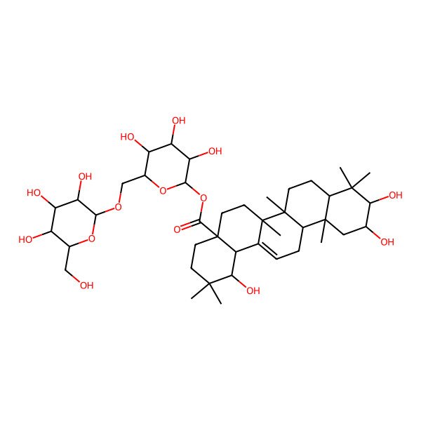 2D Structure of [(2S,3R,4S,5S,6R)-3,4,5-trihydroxy-6-[[(2R,3R,4S,5S,6R)-3,4,5-trihydroxy-6-(hydroxymethyl)oxan-2-yl]oxymethyl]oxan-2-yl] (1S,4aR,6aR,6aS,6bR,8aR,10S,11R,12aR,14bS)-1,10,11-trihydroxy-2,2,6a,6b,9,9,12a-heptamethyl-1,3,4,5,6,6a,7,8,8a,10,11,12,13,14b-tetradecahydropicene-4a-carboxylate