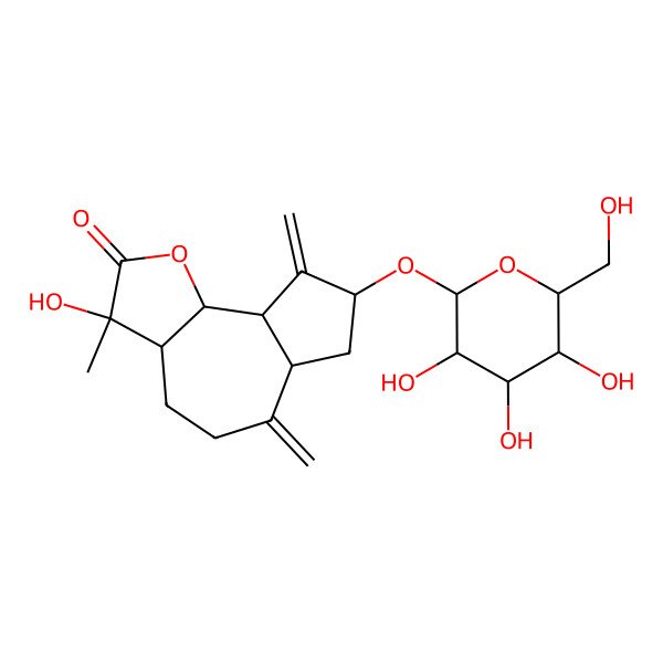 2D Structure of 3-Hydroxy-3-methyl-6,9-dimethylidene-8-[3,4,5-trihydroxy-6-(hydroxymethyl)oxan-2-yl]oxy-3a,4,5,6a,7,8,9a,9b-octahydroazuleno[4,5-b]furan-2-one