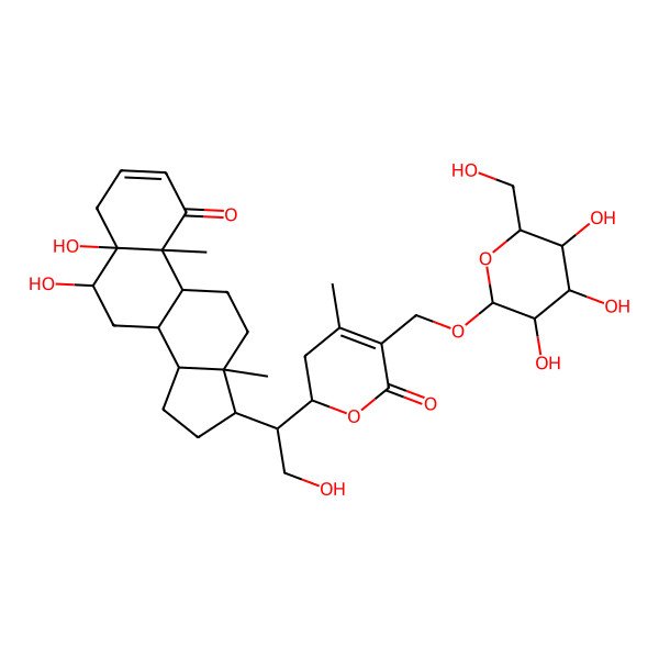 2D Structure of (2R)-2-[(1R)-1-[(5R,6R,8S,9S,10R,13S,14S,17R)-5,6-dihydroxy-10,13-dimethyl-1-oxo-6,7,8,9,11,12,14,15,16,17-decahydro-4H-cyclopenta[a]phenanthren-17-yl]-2-hydroxyethyl]-4-methyl-5-[[(2R,3R,4S,5S,6R)-3,4,5-trihydroxy-6-(hydroxymethyl)oxan-2-yl]oxymethyl]-2,3-dihydropyran-6-one