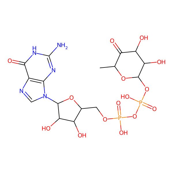 2D Structure of [[(2R,3R,4S,5R)-5-(2-amino-6-oxo-1H-purin-9-yl)-3,4-dihydroxyoxolan-2-yl]methoxy-hydroxyphosphoryl] [(2R,3R,4S,6S)-3,4-dihydroxy-6-methyl-5-oxooxan-2-yl] hydrogen phosphate