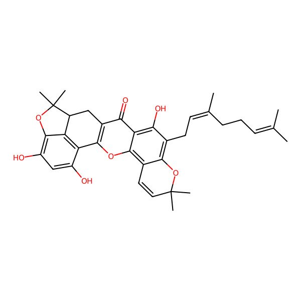 2D Structure of (17S)-11-[(2E)-3,7-dimethylocta-2,6-dienyl]-12,21,23-trihydroxy-8,8,18,18-tetramethyl-3,9,19-trioxahexacyclo[15.6.1.02,15.04,13.05,10.020,24]tetracosa-1(24),2(15),4,6,10,12,20,22-octaen-14-one