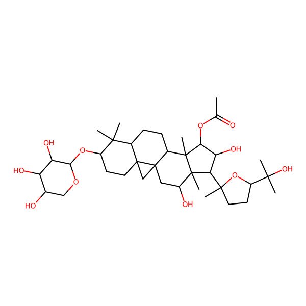 2D Structure of [(1R,3R,6S,8R,11S,12S,13R,14R,15R,16R,17R)-14,17-dihydroxy-15-[(2S,5S)-5-(2-hydroxypropan-2-yl)-2-methyloxolan-2-yl]-7,7,12,16-tetramethyl-6-[(2S,3R,4S,5R)-3,4,5-trihydroxyoxan-2-yl]oxy-13-pentacyclo[9.7.0.01,3.03,8.012,16]octadecanyl] acetate