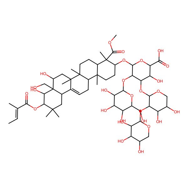 2D Structure of 6-[[8,9-Dihydroxy-8a-(hydroxymethyl)-4-methoxycarbonyl-4,6a,6b,11,11,14b-hexamethyl-10-(2-methylbut-2-enoyloxy)-1,2,3,4a,5,6,7,8,9,10,12,12a,14,14a-tetradecahydropicen-3-yl]oxy]-4-[4,5-dihydroxy-3-(3,4,5-trihydroxyoxan-2-yl)oxyoxan-2-yl]oxy-3-hydroxy-5-[3,4,5-trihydroxy-6-(hydroxymethyl)oxan-2-yl]oxyoxane-2-carboxylic acid