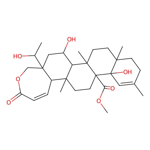 2D Structure of methyl (1S,2R,5R,10S,11R,14S,15S,21S,23R)-10,23-dihydroxy-21-[(1R)-1-hydroxyethyl]-2,5,8,14-tetramethyl-18-oxo-19-oxapentacyclo[12.9.0.02,11.05,10.015,21]tricosa-8,16-diene-11-carboxylate