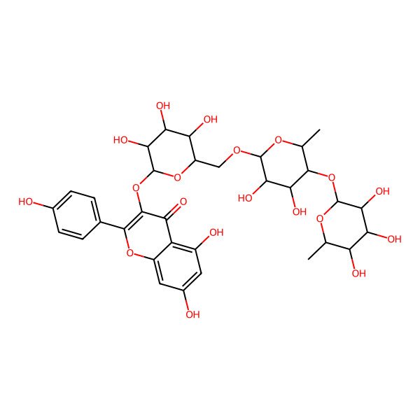 2D Structure of 3-[(2S,3S,4R,5R,6S)-6-[[(2R,3S,4R,5R,6S)-3,4-dihydroxy-6-methyl-5-[(2S,3R,4S,5R,6S)-3,4,5-trihydroxy-6-methyloxan-2-yl]oxyoxan-2-yl]oxymethyl]-3,4,5-trihydroxyoxan-2-yl]oxy-5,7-dihydroxy-2-(4-hydroxyphenyl)chromen-4-one