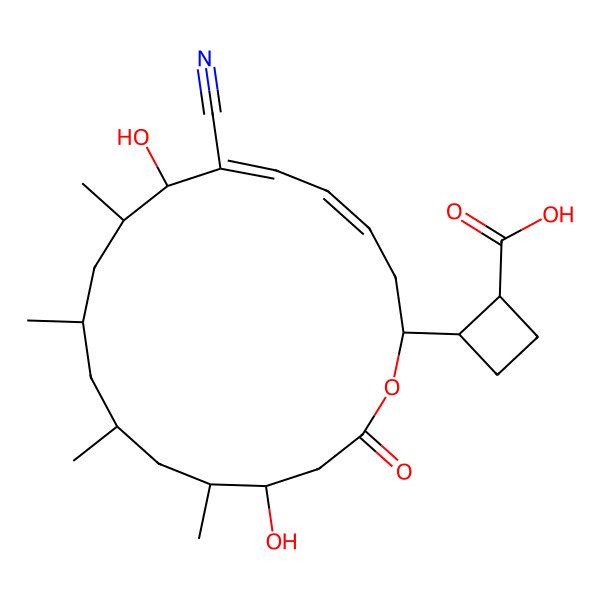 2D Structure of (1R,2R)-2-[(2S,4E,6Z,8R,9S,11R,13S,15S,16S)-7-cyano-8,16-dihydroxy-9,11,13,15-tetramethyl-18-oxo-1-oxacyclooctadeca-4,6-dien-2-yl]cyclobutane-1-carboxylic acid