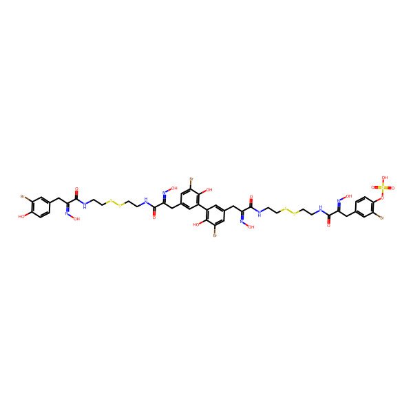 2D Structure of [2-bromo-4-[(2E)-3-[2-[2-[[(2E)-3-[3-bromo-5-[3-bromo-5-[(2E)-3-[2-[2-[[(2E)-3-(3-bromo-4-hydroxyphenyl)-2-hydroxyiminopropanoyl]amino]ethyldisulfanyl]ethylamino]-2-hydroxyimino-3-oxopropyl]-2-hydroxyphenyl]-4-hydroxyphenyl]-2-hydroxyiminopropanoyl]amino]ethyldisulfanyl]ethylamino]-2-hydroxyimino-3-oxopropyl]phenyl] hydrogen sulfate
