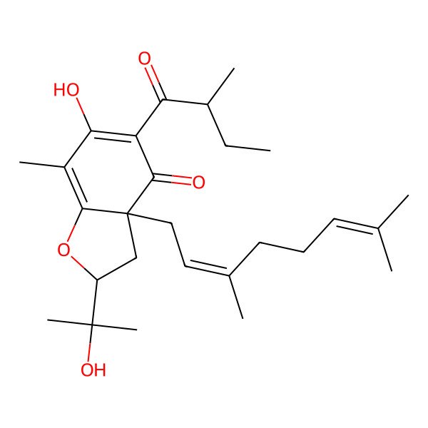2D Structure of (2S,3aS)-3a-[(2E)-3,7-dimethylocta-2,6-dienyl]-6-hydroxy-2-(2-hydroxypropan-2-yl)-7-methyl-5-[(2R)-2-methylbutanoyl]-2,3-dihydro-1-benzofuran-4-one