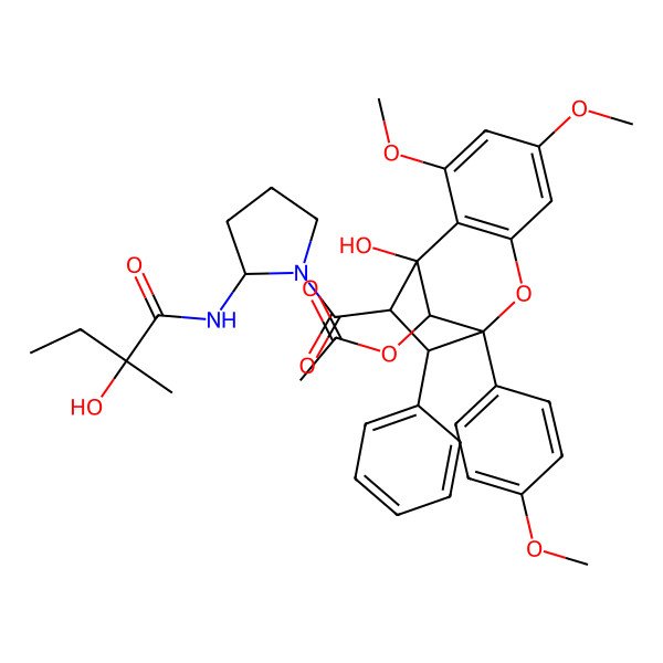 2D Structure of [1-Hydroxy-11-[2-[(2-hydroxy-2-methylbutanoyl)amino]pyrrolidine-1-carbonyl]-3,5-dimethoxy-9-(4-methoxyphenyl)-10-phenyl-8-oxatricyclo[7.2.1.02,7]dodeca-2(7),3,5-trien-12-yl] acetate
