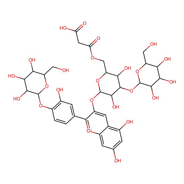 2D Structure of 3-[[(2R,3R,4S,5R,6S)-6-[5,7-dihydroxy-2-[3-hydroxy-4-[(2S,3S,4S,5S,6S)-3,4,5-trihydroxy-6-(hydroxymethyl)oxan-2-yl]oxyphenyl]chromenylium-3-yl]oxy-3,5-dihydroxy-4-[(2S,3R,4S,5S,6S)-3,4,5-trihydroxy-6-(hydroxymethyl)oxan-2-yl]oxyoxan-2-yl]methoxy]-3-oxopropanoic acid