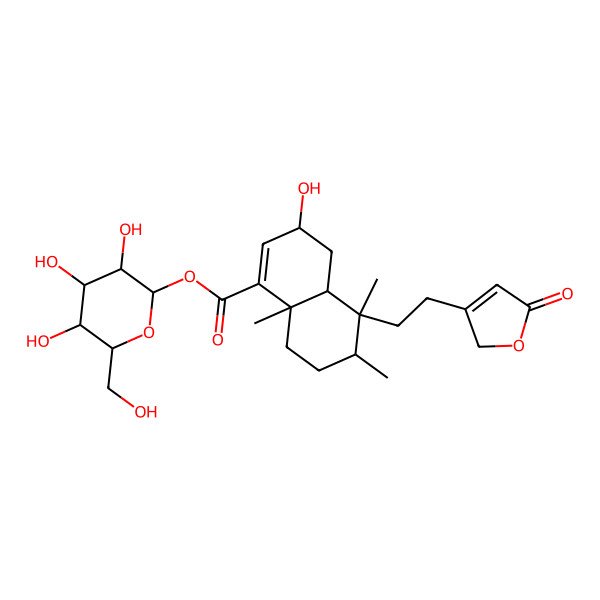 2D Structure of [(2S,3R,4S,5S,6R)-3,4,5-trihydroxy-6-(hydroxymethyl)oxan-2-yl] (3R,4aR,5S,6R,8aR)-3-hydroxy-5,6,8a-trimethyl-5-[2-(5-oxo-2H-furan-3-yl)ethyl]-3,4,4a,6,7,8-hexahydronaphthalene-1-carboxylate