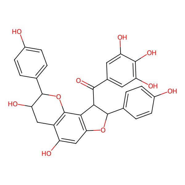 2D Structure of [(2R,3S,8S,9R)-3,5-dihydroxy-2,8-bis(4-hydroxyphenyl)-3,4,8,9-tetrahydro-2H-furo[2,3-h]chromen-9-yl]-(3,4,5-trihydroxyphenyl)methanone