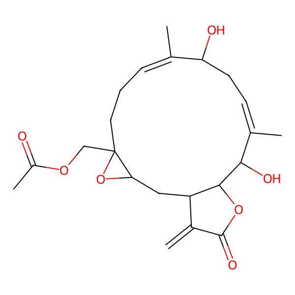 2D Structure of (10,14-Dihydroxy-9,13-dimethyl-18-methylidene-17-oxo-4,16-dioxatricyclo[13.3.0.03,5]octadeca-8,12-dien-5-yl)methyl acetate