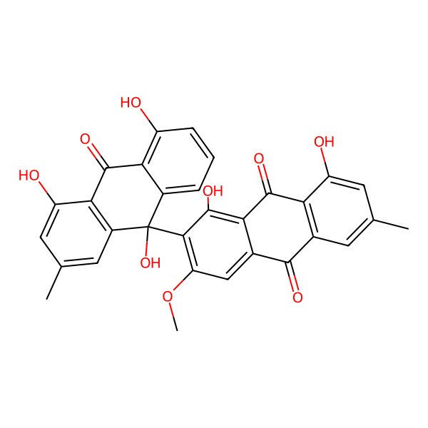 2D Structure of 1,8-Dihydroxy-3-methoxy-6-methyl-2-(4,5,9-trihydroxy-2-methyl-10-oxoanthracen-9-yl)anthracene-9,10-dione