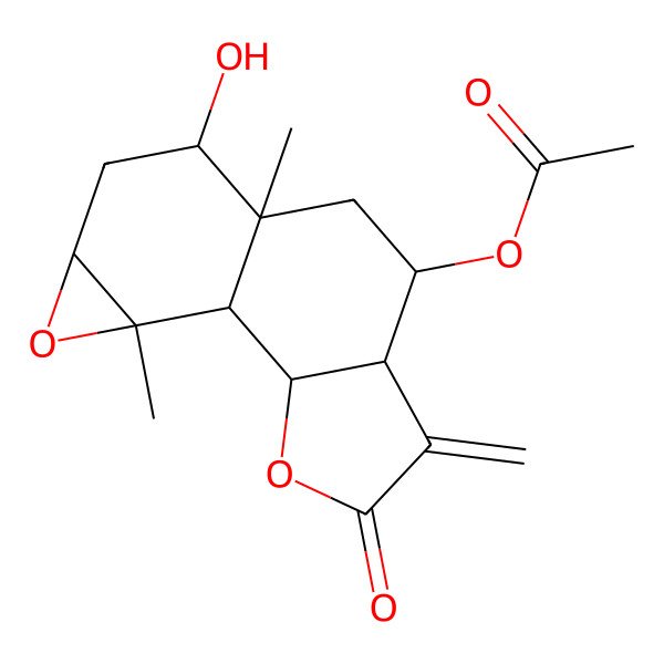 2D Structure of (10-Hydroxy-9,14-dimethyl-5-methylidene-4-oxo-3,13-dioxatetracyclo[7.5.0.02,6.012,14]tetradecan-7-yl) acetate