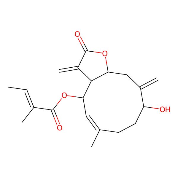 2D Structure of (9-hydroxy-6-methyl-3,10-dimethylidene-2-oxo-4,7,8,9,11,11a-hexahydro-3aH-cyclodeca[b]furan-4-yl) 2-methylbut-2-enoate