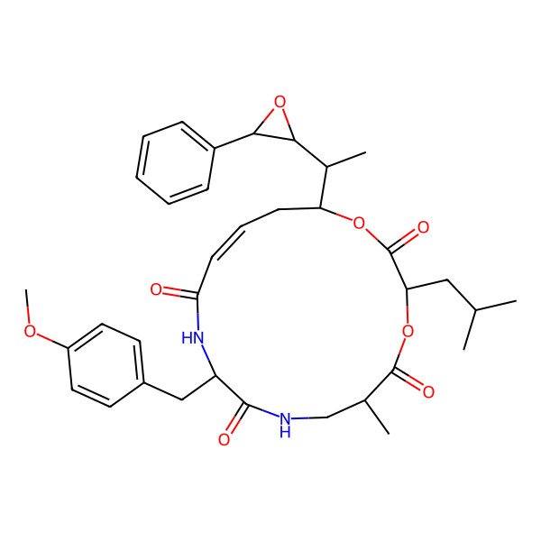 2D Structure of 10-[(4-Methoxyphenyl)methyl]-6-methyl-3-(2-methylpropyl)-16-[1-(3-phenyloxiran-2-yl)ethyl]-1,4-dioxa-8,11-diazacyclohexadec-13-ene-2,5,9,12-tetrone