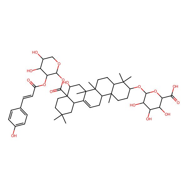 2D Structure of (2S,3S,4S,5R,6S)-6-[[(3S,4aR,6aR,6bS,8R,8aR,12aS,14aR,14bR)-8a-[(2R,3R,4S,5R)-4,5-dihydroxy-3-[(E)-3-(4-hydroxyphenyl)prop-2-enoyl]oxyoxan-2-yl]oxycarbonyl-8-hydroxy-4,4,6a,6b,11,11,14b-heptamethyl-1,2,3,4a,5,6,7,8,9,10,12,12a,14,14a-tetradecahydropicen-3-yl]oxy]-3,4,5-trihydroxyoxane-2-carboxylic acid
