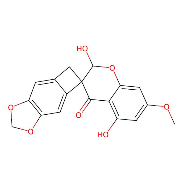 2D Structure of (2S,3R)-2,5-dihydroxy-7-methoxyspiro[2H-chromene-3,4'-9,11-dioxatricyclo[6.3.0.03,6]undeca-1(8),2,6-triene]-4-one