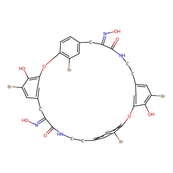 2D Structure of (12E,25Z)-5,16,21,32-tetrabromo-4,20-dihydroxy-12,25-bis(hydroxyimino)-2,18-dioxa-10,27-diazapentacyclo[28.2.2.214,17.13,7.119,23]octatriaconta-1(32),3,5,7(38),14,16,19,21,23(35),30,33,36-dodecaene-11,26-dione