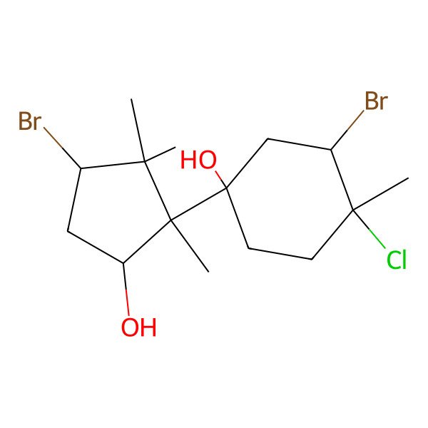 2D Structure of (1R,3S,4S)-3-bromo-1-[(1S,3S,5R)-3-bromo-5-hydroxy-1,2,2-trimethylcyclopentyl]-4-chloro-4-methylcyclohexan-1-ol