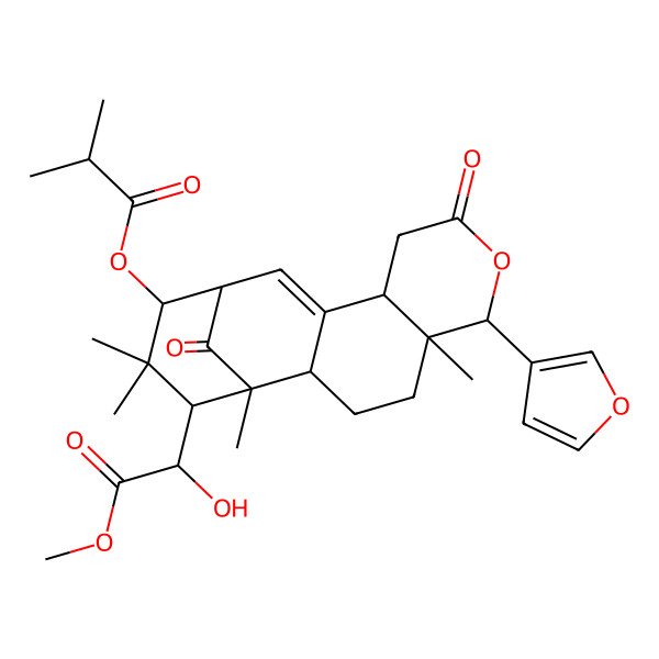 2D Structure of [(1R,2S,5R,6R,10S,13S,14R,16S)-6-(furan-3-yl)-16-[(1R)-1-hydroxy-2-methoxy-2-oxoethyl]-1,5,15,15-tetramethyl-8,17-dioxo-7-oxatetracyclo[11.3.1.02,11.05,10]heptadec-11-en-14-yl] 2-methylpropanoate