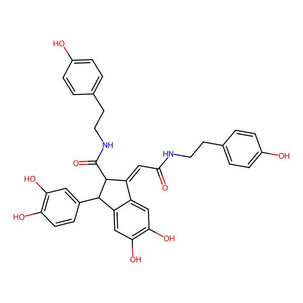 2D Structure of (1S,2S,3E)-1-(3,4-dihydroxyphenyl)-5,6-dihydroxy-N-[2-(4-hydroxyphenyl)ethyl]-3-[2-[2-(4-hydroxyphenyl)ethylamino]-2-oxoethylidene]-1,2-dihydroindene-2-carboxamide