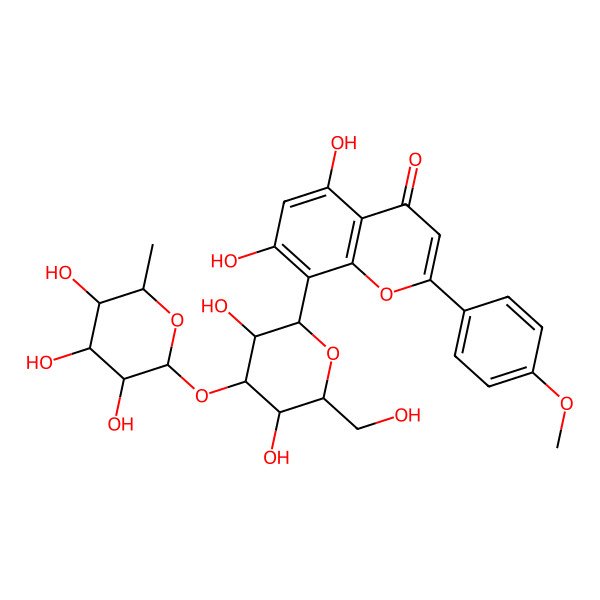 2D Structure of 8-[(2S,3R,4R,5R,6S)-3,5-dihydroxy-6-(hydroxymethyl)-4-[(2S,3S,4R,5R,6S)-3,4,5-trihydroxy-6-methyloxan-2-yl]oxyoxan-2-yl]-5,7-dihydroxy-2-(4-methoxyphenyl)chromen-4-one
