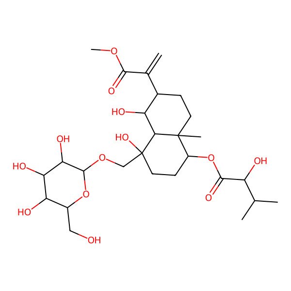2D Structure of [4,5-Dihydroxy-6-(3-methoxy-3-oxoprop-1-en-2-yl)-8a-methyl-4-[[3,4,5-trihydroxy-6-(hydroxymethyl)oxan-2-yl]oxymethyl]-1,2,3,4a,5,6,7,8-octahydronaphthalen-1-yl] 2-hydroxy-3-methylbutanoate
