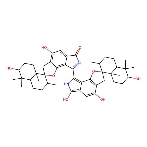 2D Structure of 3,4'-dihydroxy-4,4,7,8a-tetramethyl-8'-(3,4',6'-trihydroxy-4,4,7,8a-tetramethylspiro[2,3,4a,5,6,7-hexahydro-1H-naphthalene-8,2'-3,7-dihydrofuro[3,2-g]isoindole]-8'-yl)spiro[2,3,4a,5,6,7-hexahydro-1H-naphthalene-8,2'-3H-furo[2,3-e]isoindole]-6'-one