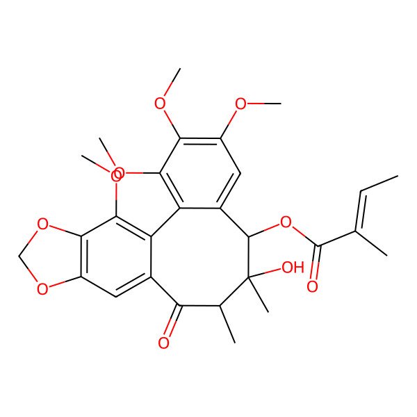 2D Structure of (9-Hydroxy-3,4,5,19-tetramethoxy-9,10-dimethyl-11-oxo-15,17-dioxatetracyclo[10.7.0.02,7.014,18]nonadeca-1(19),2,4,6,12,14(18)-hexaen-8-yl) 2-methylbut-2-enoate